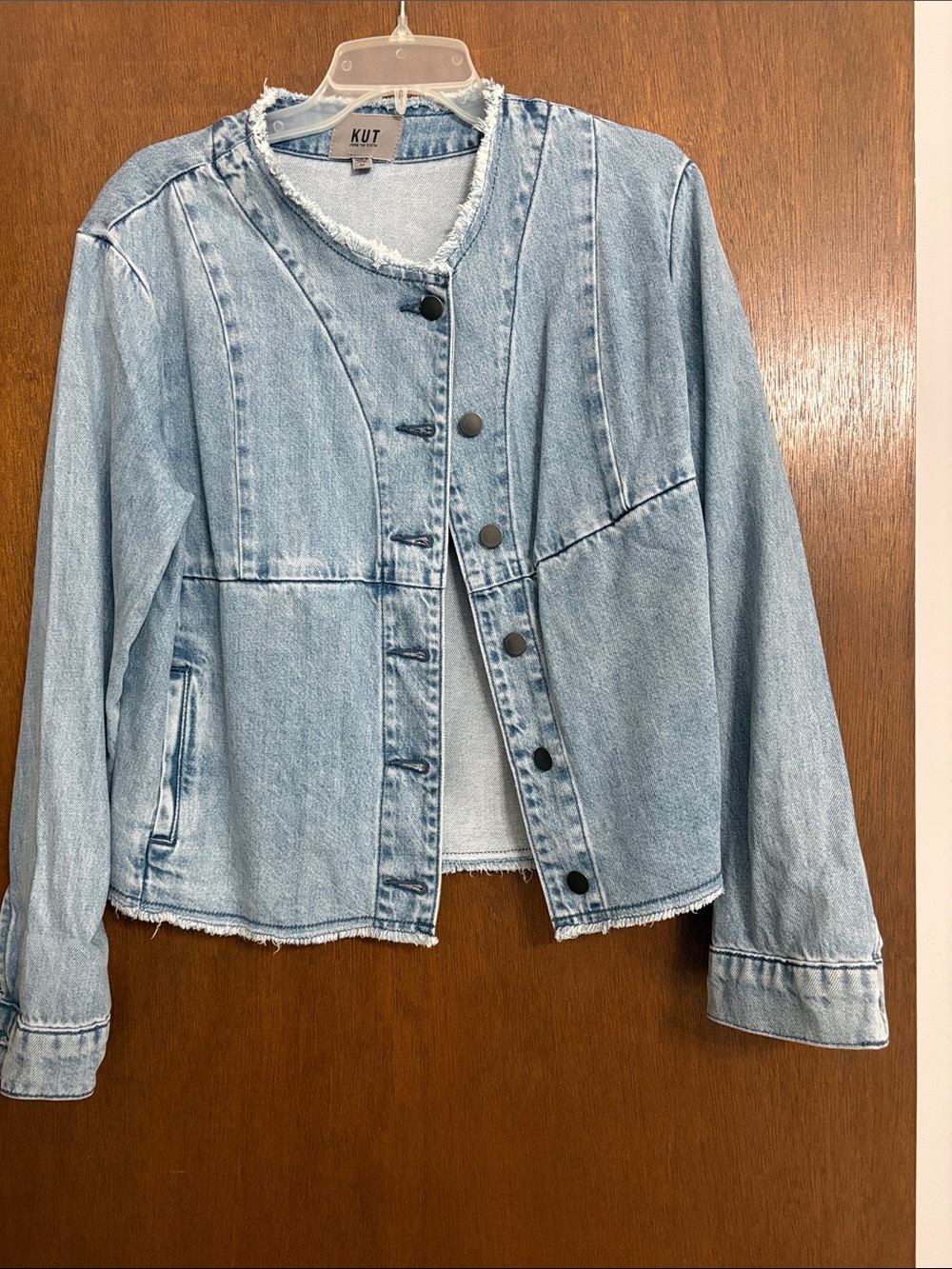 Kut from the Kloth Light Blue Collarless Denim Jacket with Frayed Trim